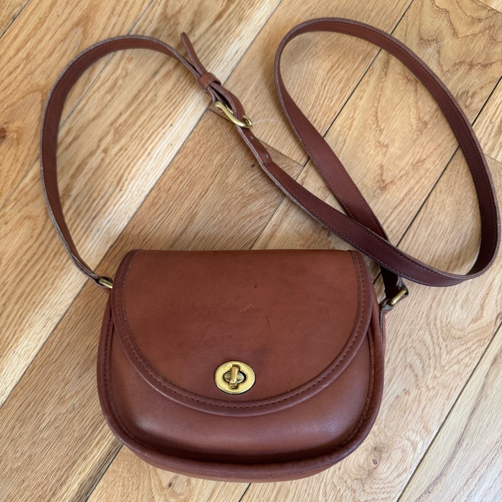 Coach Brown Leather Crossbody Saddle Bag with Gold Turnlock
